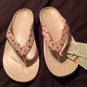 NWT Crocs White with Pink flamingos